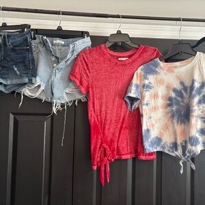 Lot of 4 Red Tie-Front T-Shirt and Tie-Dye Crop Top and 2 pairs of shorts